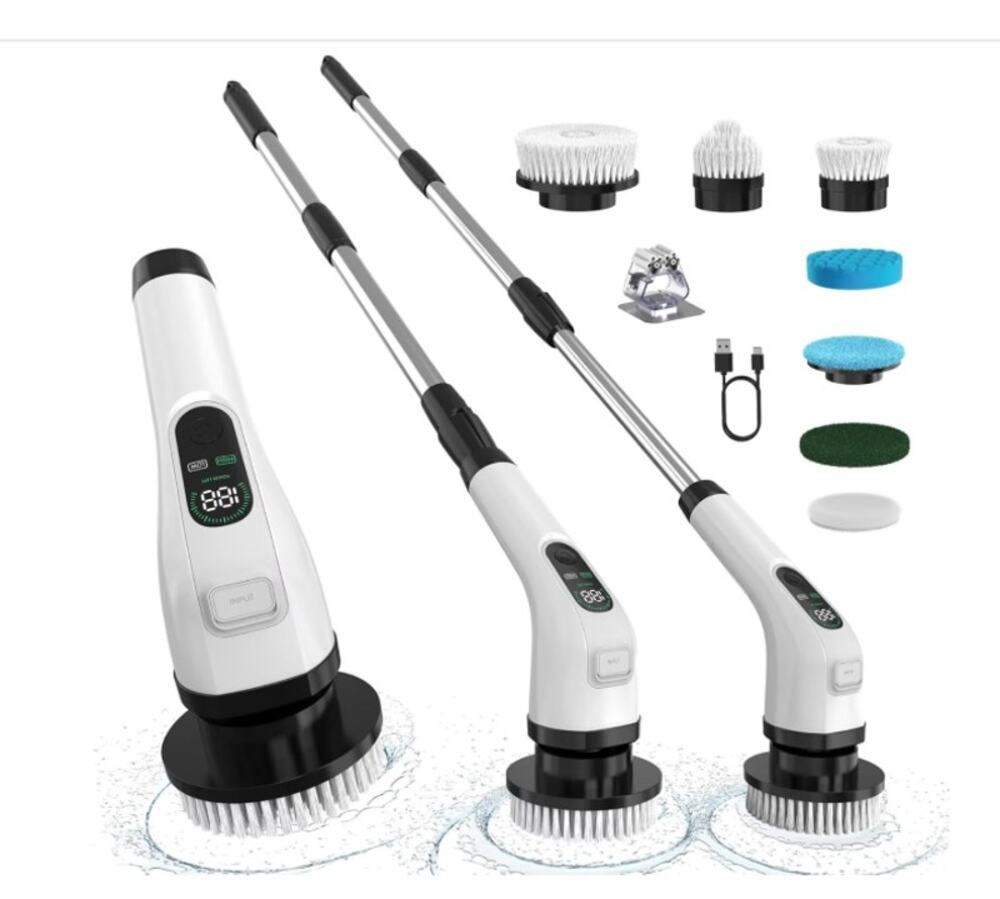 Electric Spin Scrubber with Long Handle: Cordless with 5 Brush Replacement Heads